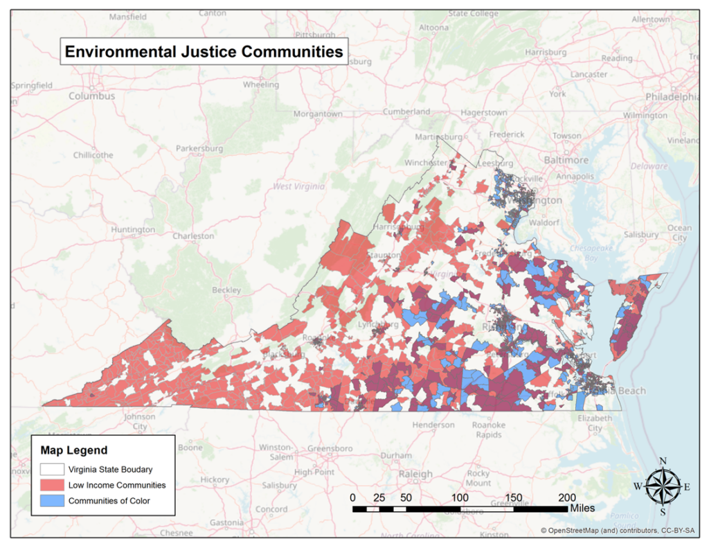 Map of EJ Communities in Virginia, shown in blue, red, and purple polygons