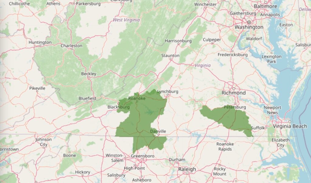 Map from https://www.fws.gov/species/roanoke-logperch-percina-rex/map, last accessed April 22, 2024